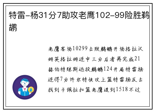 特雷-杨31分7助攻老鹰102-99险胜鹈鹕