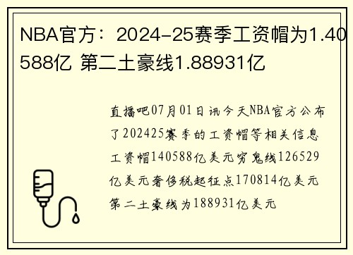 NBA官方：2024-25赛季工资帽为1.40588亿 第二土豪线1.88931亿